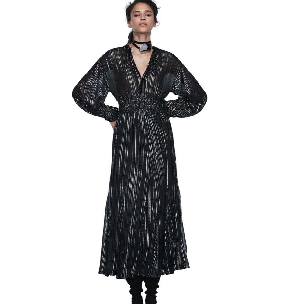 Zara Silver Metallic Striped Smocked Maxi Dress Womens XS Black Long Sleeve